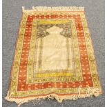 TURKISH PRAYER RUG, with plain off white mihrab with fancy side columns, blue and floral