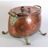 ANTIQUE SEAMED COPPER AND BRASS TWO HANDLED COAL RECEIVER AND COVER, oval form with mask capped loop