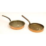 TWO OLD COPPER FRYING PANS WITH CAST IRON HANDLES (2)