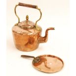 ANTIQUE SEAMED COPPER KETTLE WITH ACORN KNOP AND A COPPER PAN LID WITH CAST IRON HANDLE (2)