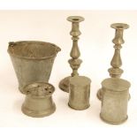 PAIR OF ANTIQUE PEWTER CANDLE STICKS, PEWTER INKWELL, TWO GRADUATED PEWTER JARS WITH COVERS AND A