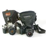 TWO MODERN CANON SLR ROLL FILM CAMERAS, EOS 500N WITH F4.5-5.6, 35-105 MM LENS AND eO5 3000 with