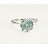 STAMPED 9CT WHITE GOLD, SOLITAIRE BLUE ZIRCON RING, eight claw set, 3.2g