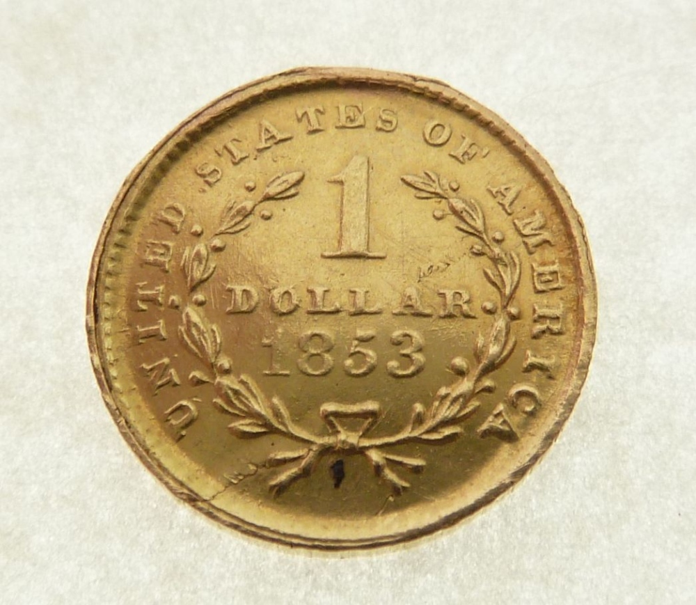 NINETEENTH CENTURY UNITED STATES OF AMERICA GOLD ONE DOLLAR COIN, 1853 (F.)