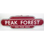 A METAL BRITISH RAIL STATION SIGN in red and white named 'Peak Forest (for Peak Dale') 36 1/2" (