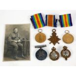 THREE WORLD WAR I SERVICE MEDALS TO DVR. L. MARSHALL R.A. 700563, and  ANOTHER Aug-Nov 1914 MEDAL to