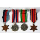 FOUR WWII SERVICE MEDALS AND RIBBONS; 1939-1945 star, Burma star, Defence medal and War medal 1939-