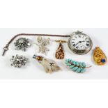 COSTUME JEWELLERY, including METAL AND PASTE MOUNTED PTARMIGAN BROOCH, METAL FOB, VARIOUS BROOCHES