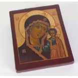 A MODERN RUSSIAN STYLE PAINTED ICON, on wooden block panel depicting Madonna and Child, 9" x 7 1/