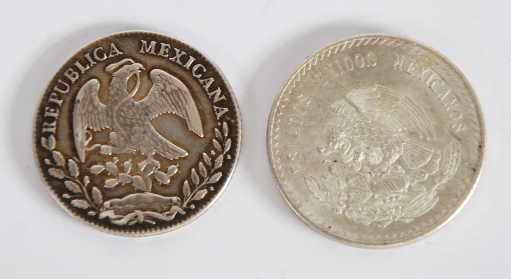 MEXICAN NINETEENTH CENTURY SILVER 8 REALS 1863 (marks from brooch pin) and a  MEXICAN FIVE PESOS - Image 2 of 2