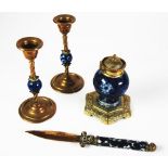 FOUR PIECE NINETEENTH CENTURY BRASS AND BLUE AND WHITE PORCELAIN DESK SET, comprising; INK WELL,