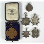 FOR LATE NINETEENTH CENTURY SILVER PLATES SPORTING PENDANT MEDALLIONS STAR AND CROSS SHAPED, Awarded