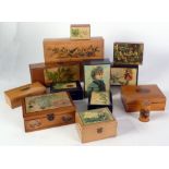 A SELECTION OF THIRTY MAUCHLINE WARE LIDDED BOXES, most with engraved and photographic vignette