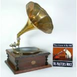 HMV SPRING DRIVEN TABLE TOP GRAMAPHONE WITH PANELLED BRASS HORN and stained walnut case, ,