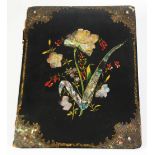 VICTORIAN BLACK LACQUERED PAPIER MACHE FOLDER BOARDS, the front floral painted and inlaid with