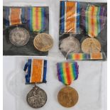 THREE PAIRS OF WORLD WAR I SERVICE MEDALS EACH 1914-18 WAR MEDAL AND GILT VICTORIA MEDAL, awarded to