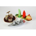 TWO NOVELTY THREE PIECE CONDIMENT SETS, COMPRISING; A CHROME PLATED OCEAN LINER EXAMPLE, 8" (20.3cm)