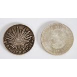 MEXICAN NINETEENTH CENTURY SILVER 8 REALS 1863 (marks from brooch pin) and a  MEXICAN FIVE PESOS