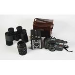 PRAKTICA SLR CAMERA, IN CASE WITH BOOKLET, AGFA SYNCHRO BOX CAMERA, three roll-film cameras; OLYMPUS