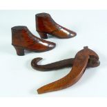 PAIR OF VICTORIAN CARVED WOOD MODELS OF BOOTS, 3 1/4" (8.2cm) high, together with a pair of carved