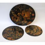 THREE LATE NINETEENTH CENTURY EUROPEAN PAPIER MACHE SIMULATED JAPANESE LACQUER OVAL TABLETS,