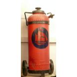 LARGE EARLY 20TH CENTURY PORTABLE FIRE EXTINGUISHER ON PORTERS TROLLEY TYPE STAND, 38" (96.5CM) HIGH