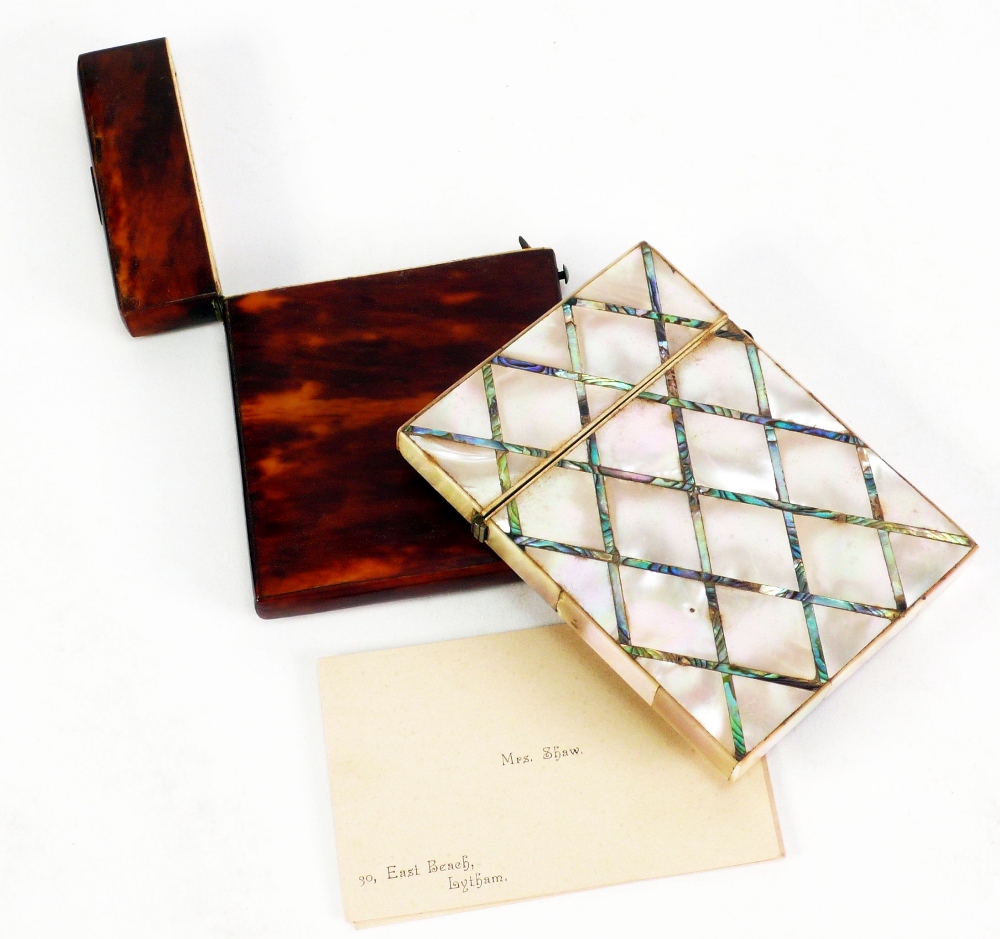 A LATE VICTORIAN TORTOISESHELL VISITING CARD CASE, and a MOTHER O' PEARL  and abalone shell ditto (