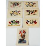 SEVEN WWI EMBROIDERED SILK POSTCARDS, some with a message from France written by George Collier,