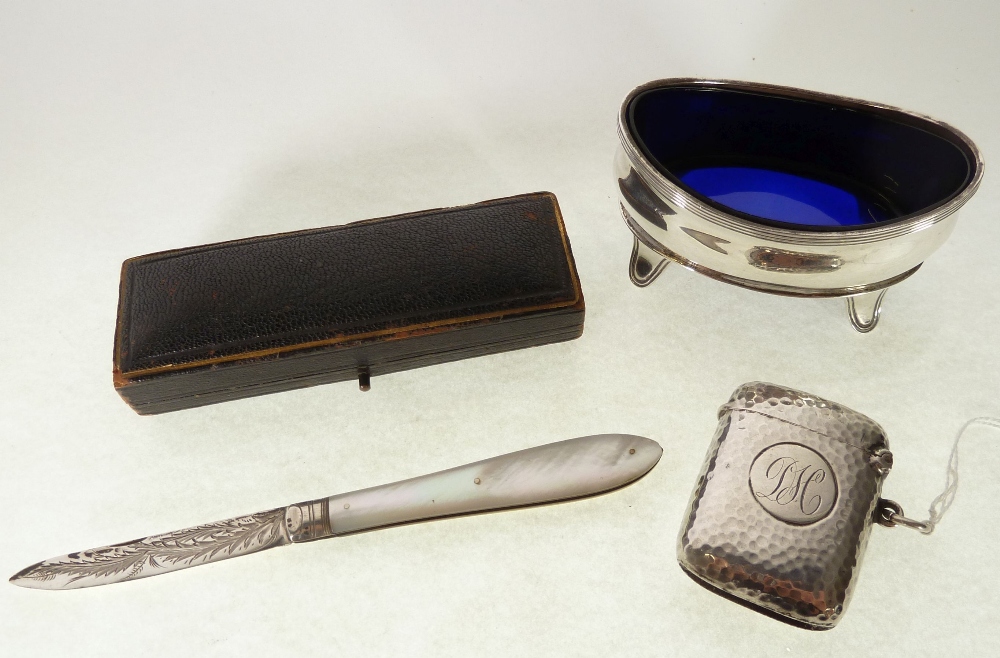 PLANISHED SILVER VESTA CASE, Birmingham 1904, monogrammed, 1.23oz, VICTORIAN SILVER BLADED PEN