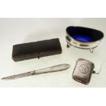 PLANISHED SILVER VESTA CASE, Birmingham 1904, monogrammed, 1.23oz, VICTORIAN SILVER BLADED PEN