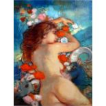 •BOHUSLAV BARLOW  OIL PAINTING ON BOARD 'To the East' Female nude  Signed lower right, labelled