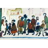 •L.S. LOWRY  (1887-1976) ARTIST SIGNED COLOUR PRINT OF A WATERCOLOUR DRAWING 'People Standing About'
