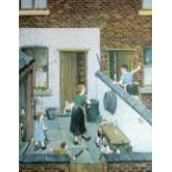 TOM DODSON (1910-1991) ARTIST SIGNED COLOUR PRINT  Backyard with figures  Guild stamped, signed