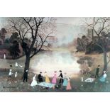 •HELEN BRADLEY (1900-1979) ARTIST SIGNED COLOUR PRINT  'The Picnic'  Guild stamped 16" x 23 1/2" (