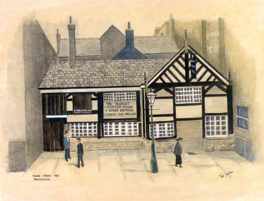 TOM DODSON (1910-1991) PENCIL AND WATERCOLOUR DRAWING 'Seven Stars Inn, Manchester' Signed and