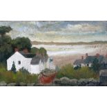 •ROGER HAMPSON (1925-1996) OIL PAINTING ON BOARD 'Heysham' Coast scene with cottages  Signed; titled