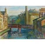 ROBERT BINDLOSS (b.1939) GOUACHE AND PASTEL MIXED MEDIA  Mill town with river bridge  Signed  11"