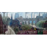 STEPHEN GARBUTT OIL PAINTING ON CANVAS LAID DOWN 'Vote Labour', Urban scene Signed  4 1/2" x 9" (