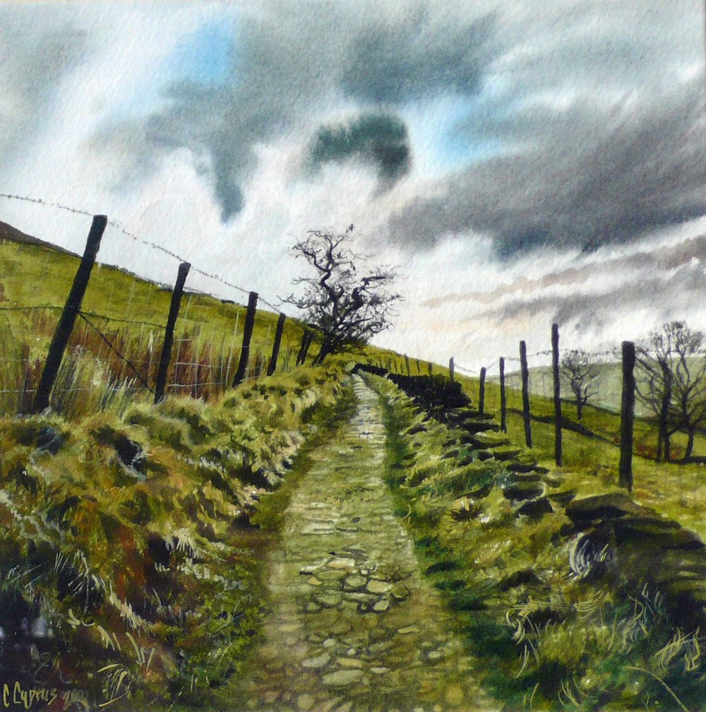 CHRIS CYRUS WATERCOLOUR DRAWING  'Track, Saddleworth Moor' Signed 7 3/4" x 7 1/2" (19.75 x 19cm)