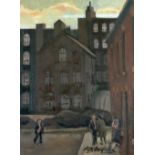 •ROGER HAMPSON (1925-1996) OIL PAINTING ON BOARD 'Derelicts' Bolton street scene with mills,