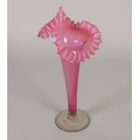 VICTORIAN CRANBERRY AND VASELINE 'JACK IN THE PULPIT' GLASS TRUMPET VASE,  with gently fluted stem