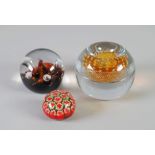 WEBB, HEAVY CUT GLASS MATCH STRIKE AND HOLDER, with bubble inclusions and amber stained interior, 3"