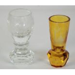 TWO HEAVY CUT GLASS MASONIC TOASTING GLASS, amber stained and clear wheel cut with symbols, 6" and 5