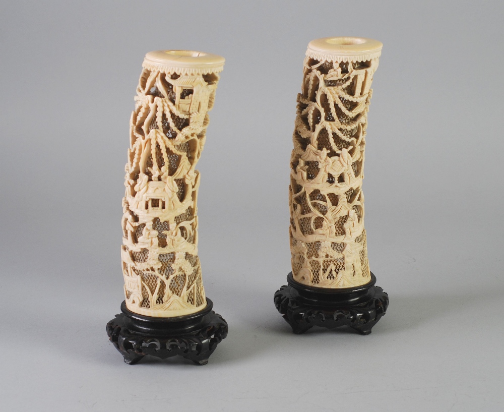 PAIR OF LATE NINETEENTH/EARLY TWENTIETH CENTURY CHINESE PIERCED IVORY TUSK VASES, typical form,