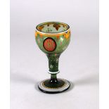ENAMELLED GREEN GLASS GOBLET, with white, orange and blue enamelled decoration and MR monogram, 5 ½"