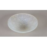 LALIQUE STYLE MOULDED AND BLUE TINTED FRENCH GLASS BOWL, shallow form with diaper type moulded