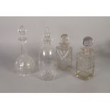 NEAR PAIR OF SQUARE CUT GLASS SPIRIT DECANTERS with facet cut orbicular stoppers (one a.f.) TOGETHER