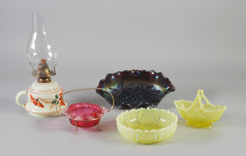 TWO PIECES OF VICTORIAN VASELINE GLASS, COMPRISING; SHALLOW DISH, 2" (5.1cm) high, 6 1/2" (16.5cm)
