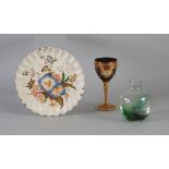 RUBY GLASS, GILT AND ENAMEL GOBLET, with enamel floral decoration, AN ART GLASS VASE, 5" (12.7cm)