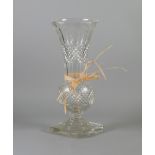 IMPRESSIVE CUT GLASS PEDESTAL VASE, footed, thistle form with flared rim and square base, 17 1/2" (